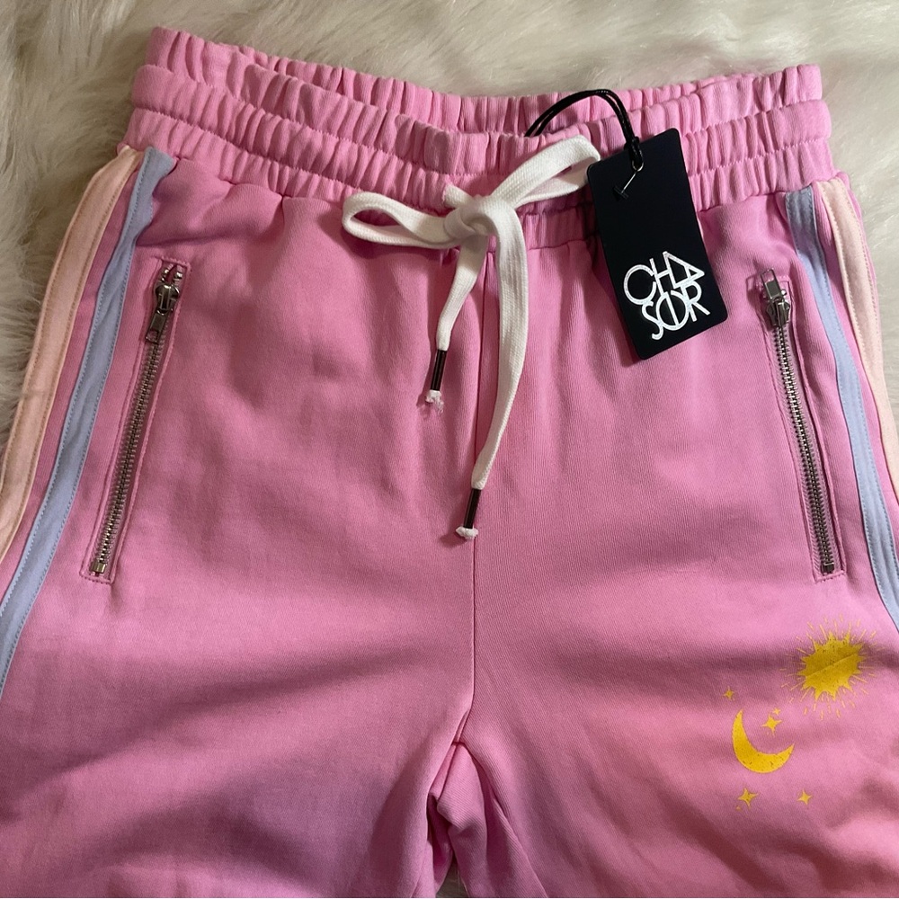 NWT Chaser PANT Lounge FRENCH terry pink yellow sun & moon leg tag: S fits s/m
